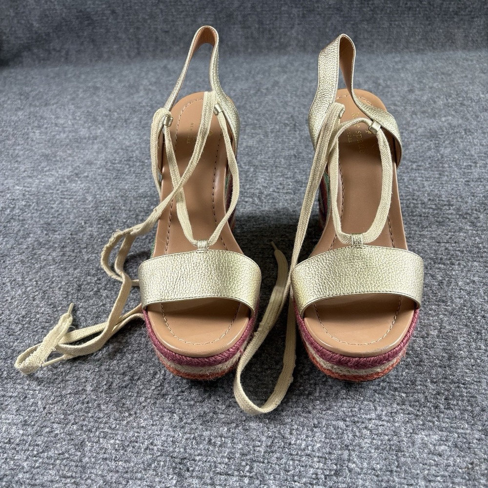 Kate Spade Gold Espadrille Wedge Sandals Women's 9M‎ Lace Up Rainbow Boho 5"